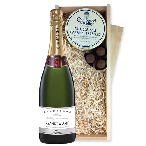 Personalised Champagne - Silver Anniversary Label And Milk Sea Salt Charbonnel Chocolates Box
